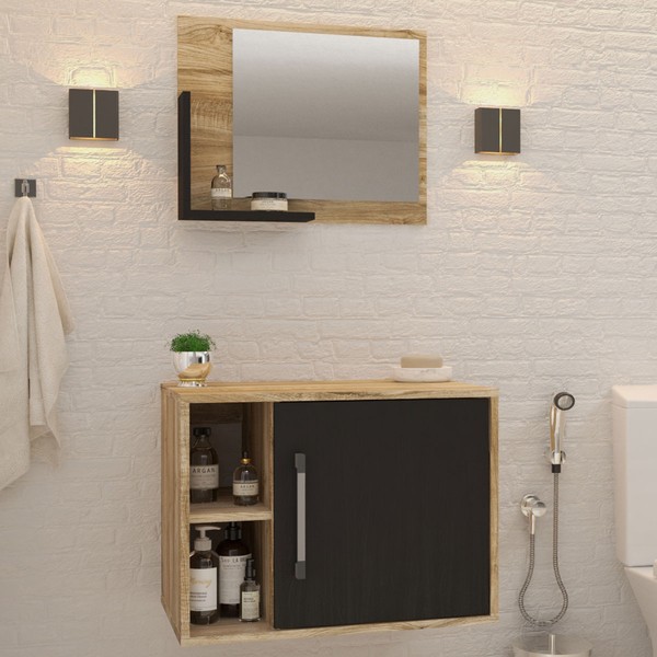 Armário de Banheiro 1 Porta 2 Prateleiras com Espelho Carvalho/Preto ônix 14700 - Compace