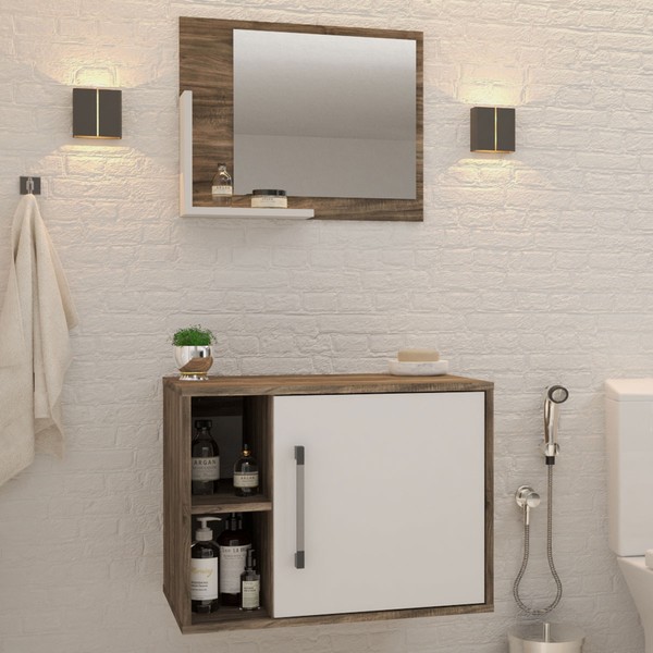 Armário de Banheiro 1 Porta 2 Prateleiras com Espelho Carvalho Dark/Branco Chess 14700 - Compace