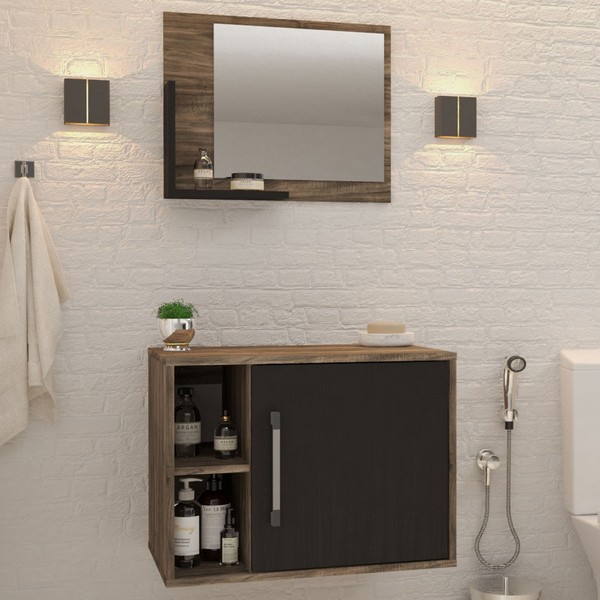 Armário de Banheiro 1 Porta 2 Prateleiras com Espelho Carvalho Dark/Preto ônix 14700 - Compace