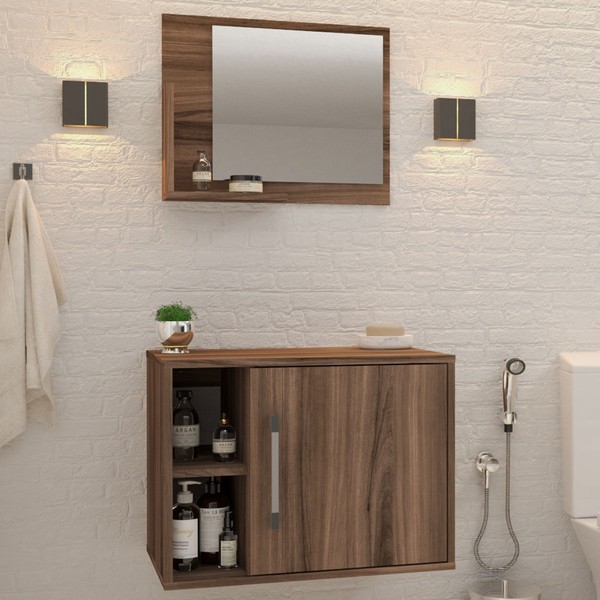 Armário de Banheiro 1 Porta 2 Prateleiras com Espelho Nogal 14700 - Compace