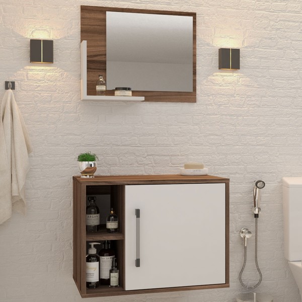 Armário de Banheiro 1 Porta 2 Prateleiras com Espelho Nogal/Branco Chess 14700 - Compace