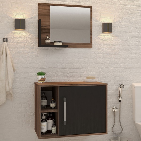 Armário de Banheiro 1 Porta 2 Prateleiras com Espelho Nogal/Preto ônix 14700 - Compace