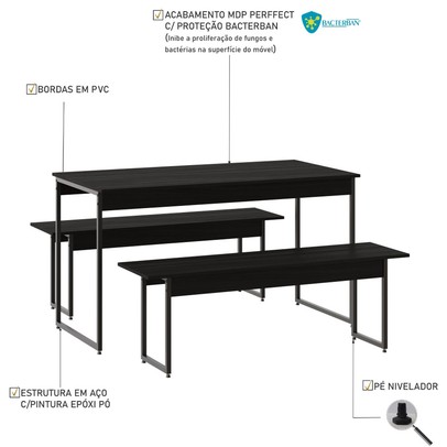 Mesa de Jantar 4 Lugares Tub Preto ônix - Compace
