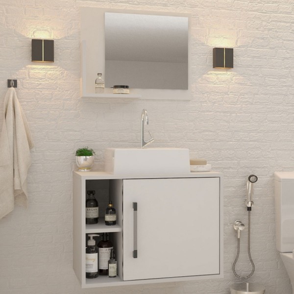 Armário de Banheiro com Cuba e Espelho 1 Porta 2 Prateleiras Branco Chess 13687 - Compace