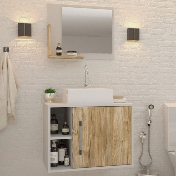 Armário de Banheiro com Cuba e Espelho 1 Porta 2 Prateleiras Branco Chess/Carvalho 13687 - Compace