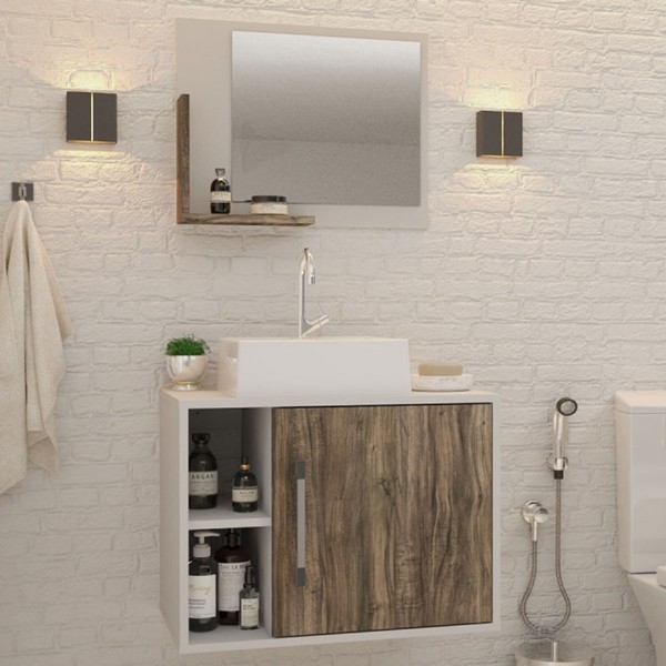 Armário de Banheiro com Cuba e Espelho 1 Porta 2 Prateleiras Branco Chess/Carvalho Dark 13687 - Compace