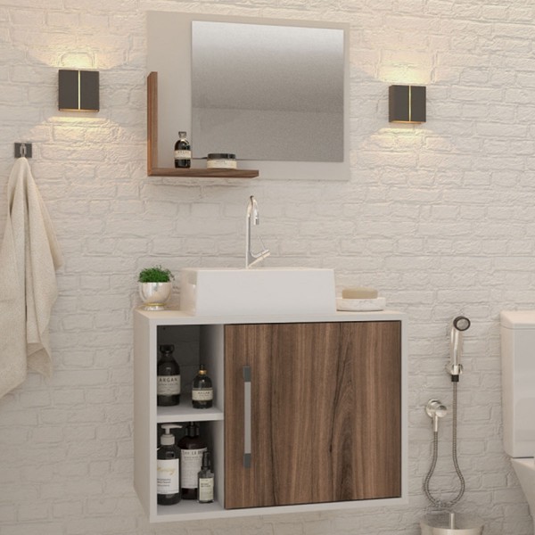 Armário de Banheiro com Cuba e Espelho 1 Porta 2 Prateleiras Branco Chess/Nogal 13687 - Compace