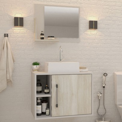 Armário de Banheiro com Cuba e Espelho 1 Porta 2 Prateleiras Branco Chess/Snow 13687 - Compace