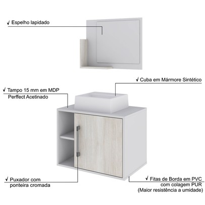 Armário de Banheiro com Cuba e Espelho 1 Porta 2 Prateleiras Branco Chess/Snow 13687 - Compace