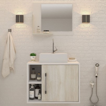 Armário de Banheiro com Cuba e Espelho 1 Porta 2 Prateleiras Branco Chess/Snow 13687 - Compace