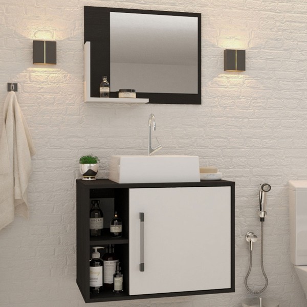 Armário de Banheiro com Cuba e Espelho 1 Porta 2 Prateleiras Preto ônix/Branco Chess 13687 - Compace
