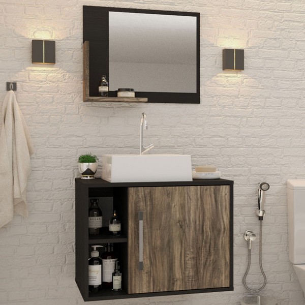 Armário de Banheiro com Cuba e Espelho 1 Porta 2 Prateleiras Preto ônix/Carvalho Dark 13687 - Compace