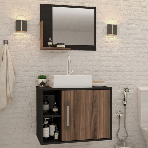 Armário de Banheiro com Cuba e Espelho 1 Porta 2 Prateleiras Preto ônix/Nogal 13687 - Compace