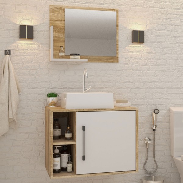 Armário de Banheiro com Cuba e Espelho 1 Porta 2 Prateleiras Carvalho/Branco Chess 13687 - Compace