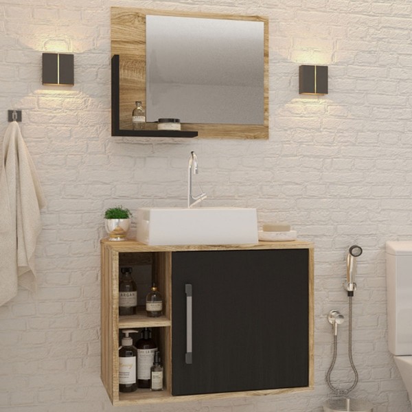 Armário de Banheiro com Cuba e Espelho 1 Porta 2 Prateleiras Carvalho/Preto ônix 13687 - Compace