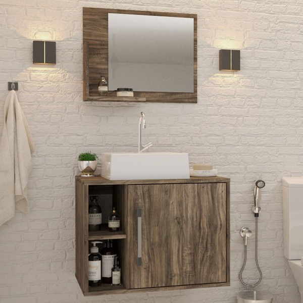 Armário de Banheiro com Cuba e Espelho 1 Porta 2 Prateleiras Carvalho Dark 13687 - Compace