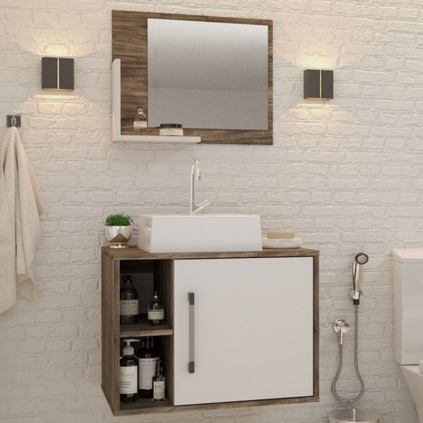 Armário de Banheiro com Cuba e Espelho 1 Porta 2 Prateleiras Carvalho Dark/Branco Chess 13687 - Compace