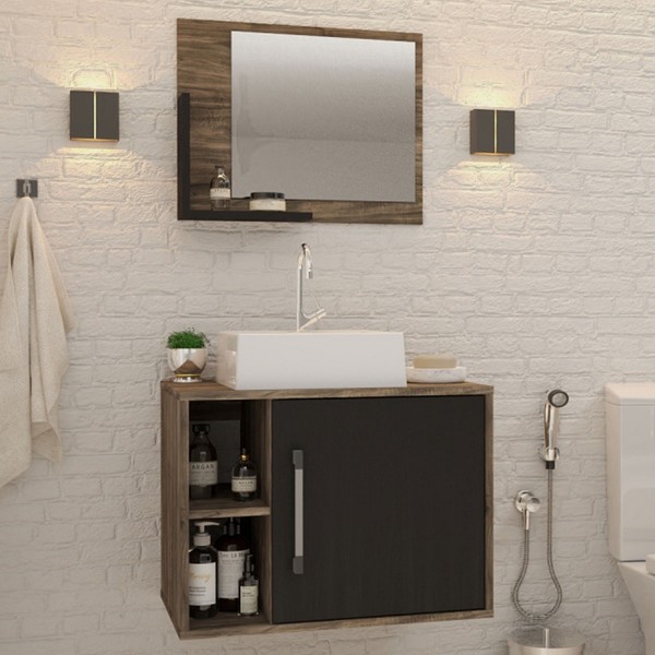 Armário de Banheiro com Cuba e Espelho 1 Porta 2 Prateleiras Carvalho Dark/Preto ônix 13687 - Compace