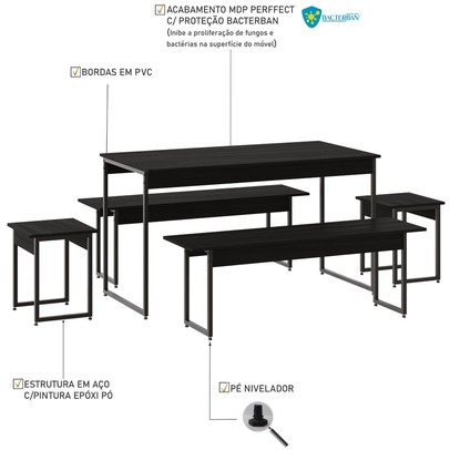 Mesa de Jantar 6 Lugares Preto ônix - Compace