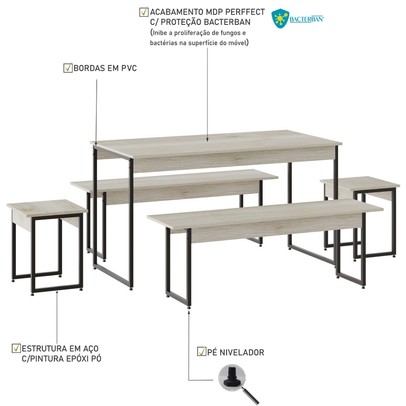 Mesa de Jantar 6 Lugares Snow/Preto  - Compace