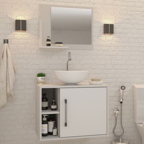 Armário de Banheiro com Cuba e Espelho 1 Porta 2 Prateleiras Branco Chess 13688 - Compace