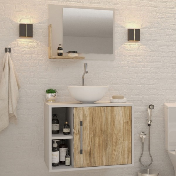 Armário de Banheiro com Cuba e Espelho 1 Porta 2 Prateleiras Branco Chess/Carvalho 13688 - Compace