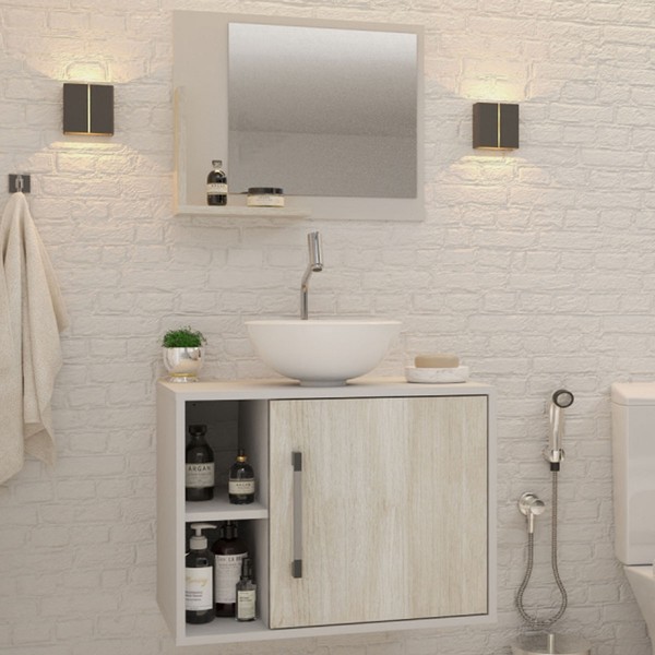 Armário de Banheiro com Cuba e Espelho 1 Porta 2 Prateleiras Branco Chess/Snow 13688 - Compace