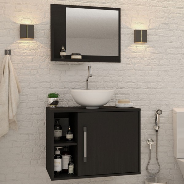 Armário de Banheiro com Cuba e Espelho 1 Porta 2 Prateleiras Preto ônix 13688 - Compace