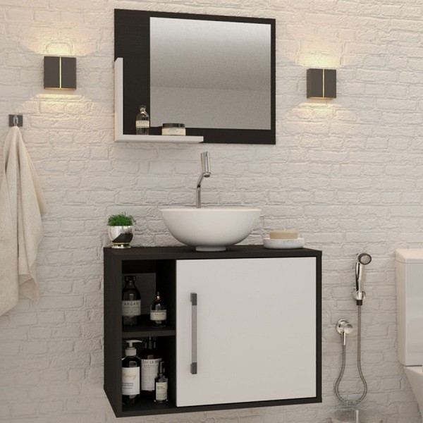 Armário de Banheiro com Cuba e Espelho 1 Porta 2 Prateleiras Preto ônix/Branco Chess 13688 - Compace