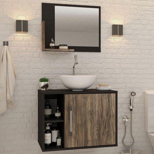 Armário de Banheiro com Cuba e Espelho 1 Porta 2 Prateleiras Preto ônix/Carvalho Dark 13688 - Compace