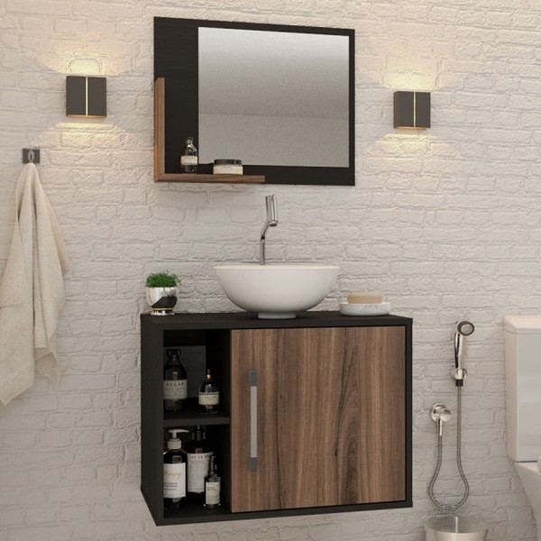 Armário de Banheiro com Cuba e Espelho 1 Porta 2 Prateleiras Preto ônix/Nogal 13688 - Compace