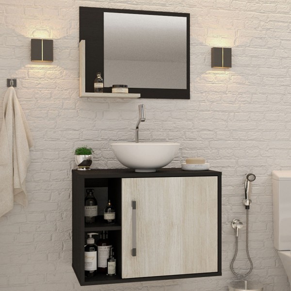 Armário de Banheiro com Cuba e Espelho 1 Porta 2 Prateleiras Preto Onix/Snow 13688 - Compace