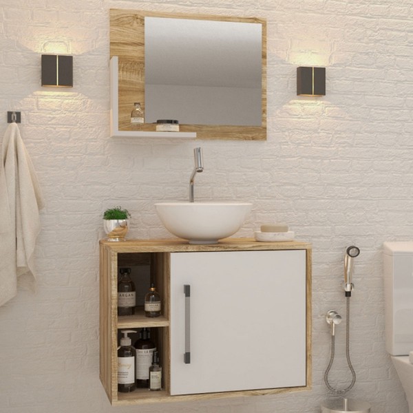 Armário de Banheiro com Cuba e Espelho 1 Porta 2 Prateleiras Carvalho/Branco Chess 13688 - Compace