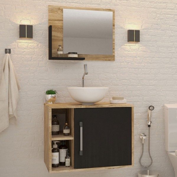 Armário de Banheiro com Cuba e Espelho 1 Porta 2 Prateleiras Carvalho/Preto ônix 13688 - Compace