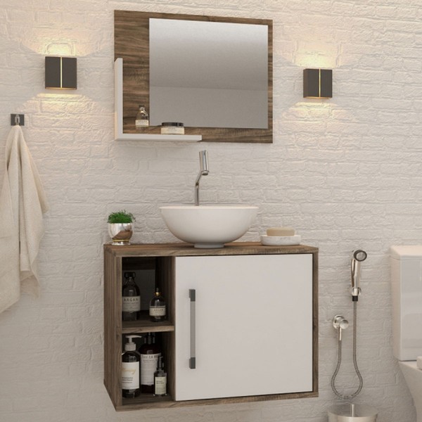 Armário de Banheiro com Cuba e Espelho 1 Porta 2 Prateleiras Carvalho Dark/Branco Chess 13688 - Compace