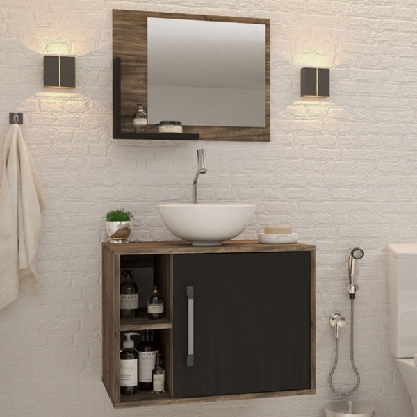 Armário de Banheiro com Cuba e Espelho 1 Porta 2 Prateleiras Carvalho Dark/Preto ônix 13688 - Compace