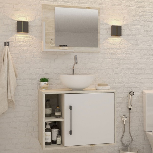 Armário de Banheiro com Cuba e Espelho 1 Porta 2 Prateleiras Snow/Branco Chess 13688 - Compace