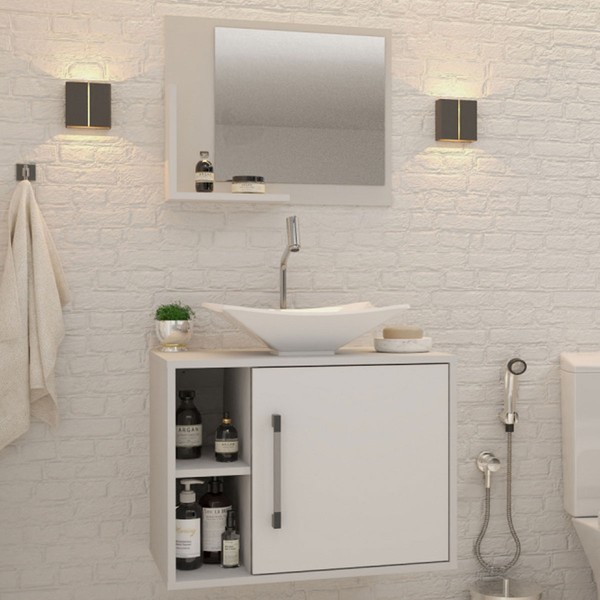 Armário de Banheiro com Cuba e Espelho 1 Porta 2 Prateleiras Branco Chess 13689 - Compace