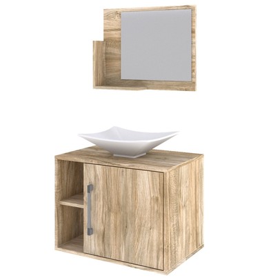 Armário de Banheiro com Cuba e Espelho 1 Porta 2 Prateleiras Carvalho 13689 - Compace