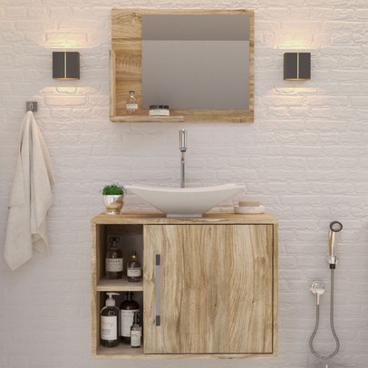 Armário de Banheiro com Cuba e Espelho 1 Porta 2 Prateleiras Carvalho 13689 - Compace