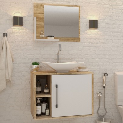 Armário de Banheiro com Cuba e Espelho 1 Porta 2 Prateleiras Carvalho/Branco Chess 13689 - Compace