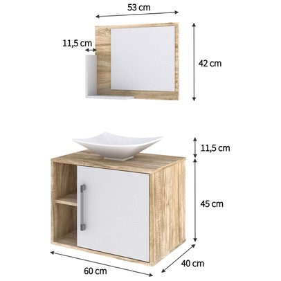 Armário de Banheiro com Cuba e Espelho 1 Porta 2 Prateleiras Carvalho/Branco Chess 13689 - Compace