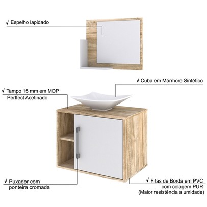 Armário de Banheiro com Cuba e Espelho 1 Porta 2 Prateleiras Carvalho/Branco Chess 13689 - Compace