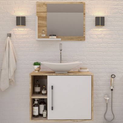 Armário de Banheiro com Cuba e Espelho 1 Porta 2 Prateleiras Carvalho/Branco Chess 13689 - Compace