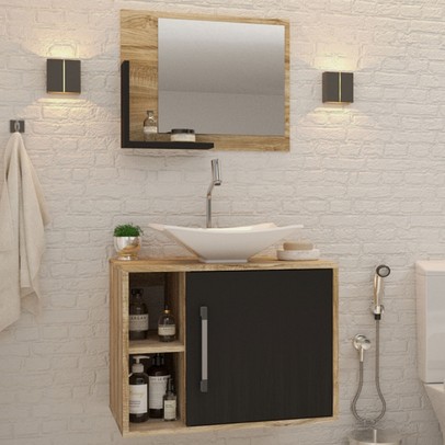 Armário de Banheiro com Cuba e Espelho 1 Porta 2 Prateleiras Carvalho/Preto ônix 13689 - Compace