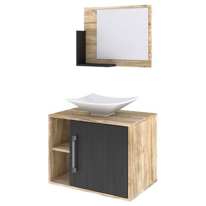 Armário de Banheiro com Cuba e Espelho 1 Porta 2 Prateleiras Carvalho/Preto ônix 13689 - Compace