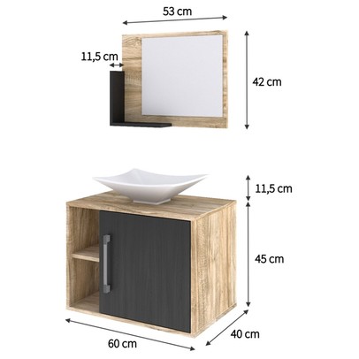 Armário de Banheiro com Cuba e Espelho 1 Porta 2 Prateleiras Carvalho/Preto ônix 13689 - Compace