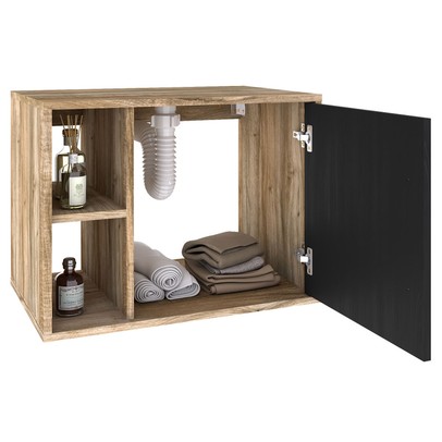 Armário de Banheiro com Cuba e Espelho 1 Porta 2 Prateleiras Carvalho/Preto ônix 13689 - Compace