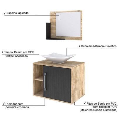 Armário de Banheiro com Cuba e Espelho 1 Porta 2 Prateleiras Carvalho/Preto ônix 13689 - Compace