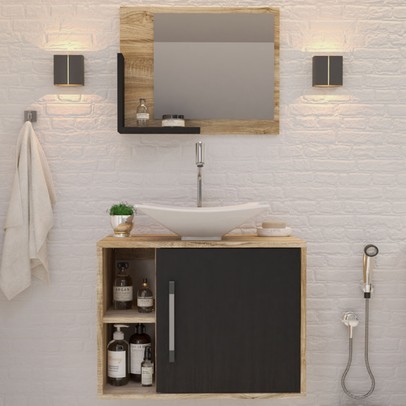 Armário de Banheiro com Cuba e Espelho 1 Porta 2 Prateleiras Carvalho/Preto ônix 13689 - Compace